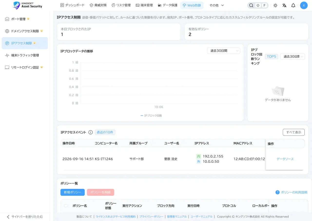 IPアクセス制限の画面